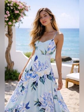 Show Me Your MuMu Godshaw Goddess Gown Blue Floral Maxi Dress XL Bridesmaid